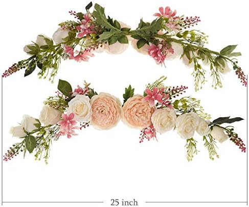 2 Pack Artificial Peony Flower Swag, 25 Inch Decorative Swag with Champagne Peony White Rose and Green Leaves, alternate view