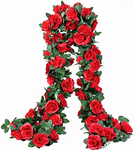 2 Pack Artificial Rose Vine Fake Flowers Garland, Red, 16FT in Red