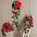 2 Pack Artificial Rose Vine Fake Flowers Garland, Red, 16FT in Red, alternate view 2