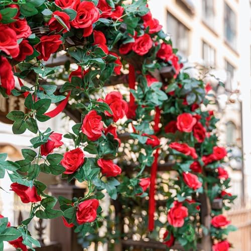 2 Pack Artificial Rose Vine Fake Flowers Garland, Red, 16FT in Red, alternate view 5