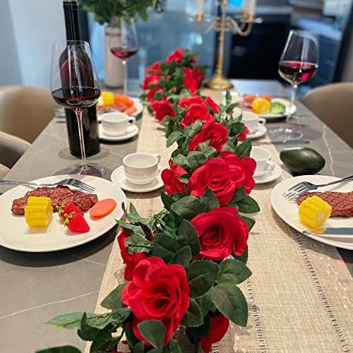 2 Pack Artificial Rose Vine Fake Flowers Garland, Red, 16FT in Red, alternate view 6