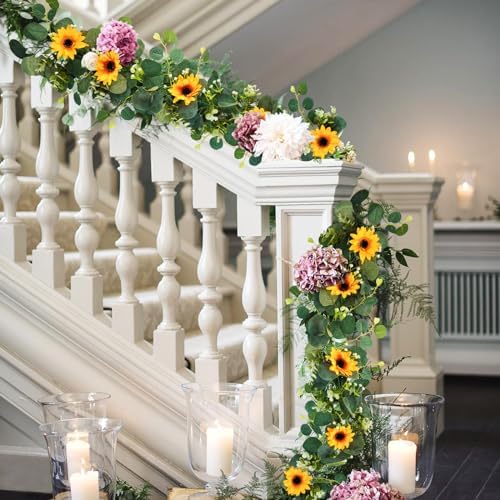 2 Pack Artificial Sunflower Garland, 6ft/Strand Silk Sunflowers Hanging Vines Flowers Garland with Green Leaves, alternate