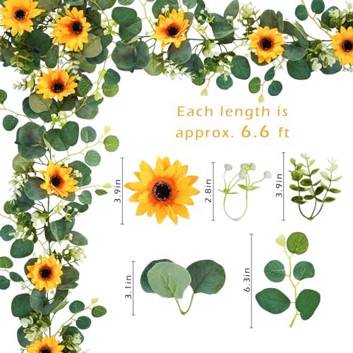 2 Pack Artificial Sunflower Garland, 6ft/Strand Silk Sunflowers Hanging Vines Flowers Garland with Green Leaves, alternate