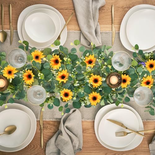 2 Pack Artificial Sunflower Garland, 6ft/Strand Silk Sunflowers Hanging Vines Flowers Garland with Green Leaves, alternate