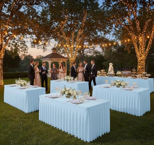 2 Pack Baby Blue Spandex Table Covers 4ft Rectangle Ruffle Skirts for Party in 24x48 Inch| 2 Pack in Baby Blue, alternate