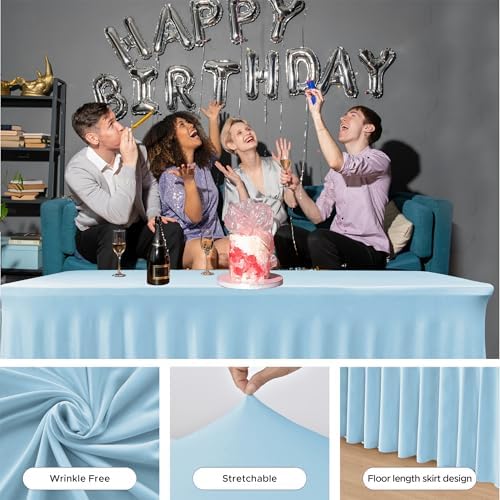 2 Pack Baby Blue Spandex Table Covers 4ft Rectangle Ruffle Skirts for Party in 24x48 Inch| 2 Pack in Baby Blue, alternate