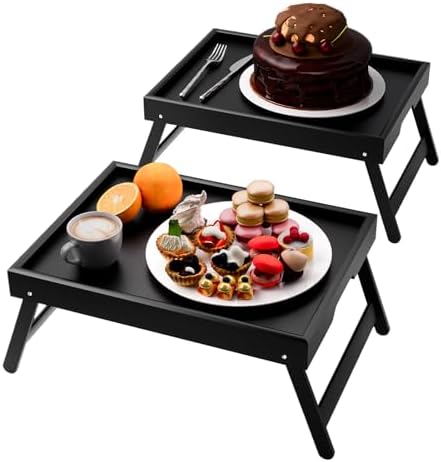 2 Pack Bamboo Bed Tray Table with Folding Legs, Breakfast Trays, Serving Tray for Food and Snack, Laptop Trays