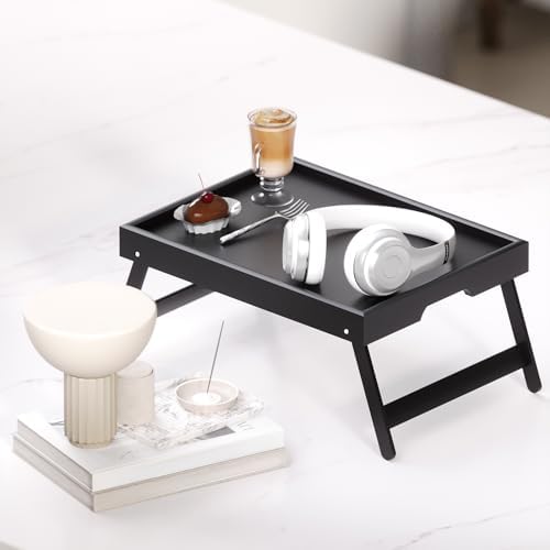 2 Pack Bamboo Bed Tray Table with Folding Legs, Breakfast Trays, Serving Tray for Food and Snack, Laptop Trays, alternate