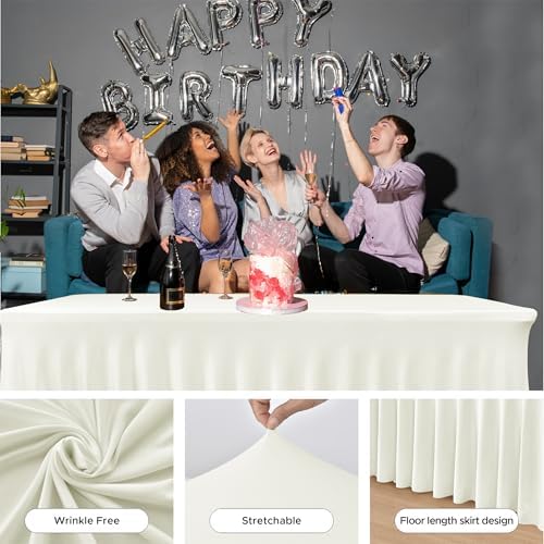 2 Pack Beige Spandex Table Covers 4ft Rectangle Ruffle Skirts for Party, alternate view 4