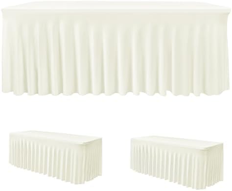 2 Pack Beige Spandex Table Covers 6ft Rectangle Ruffle Skirts for Party in 30x72 Inch| 2 Pack in Butter Cream