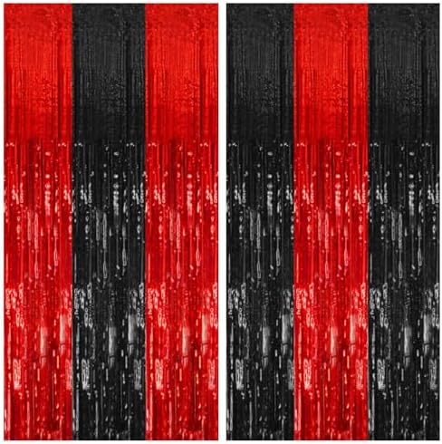 2 Pack Black and Red Backdrop Party Decorations Tinsel Curtain Halloween Party Streamer Foil Fringe Birthday