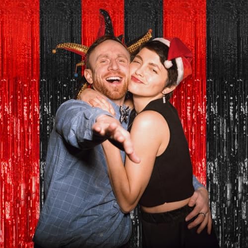2 Pack Black and Red Backdrop Party Decorations Tinsel Curtain Halloween Party Streamer Foil Fringe Birthday, alternate view