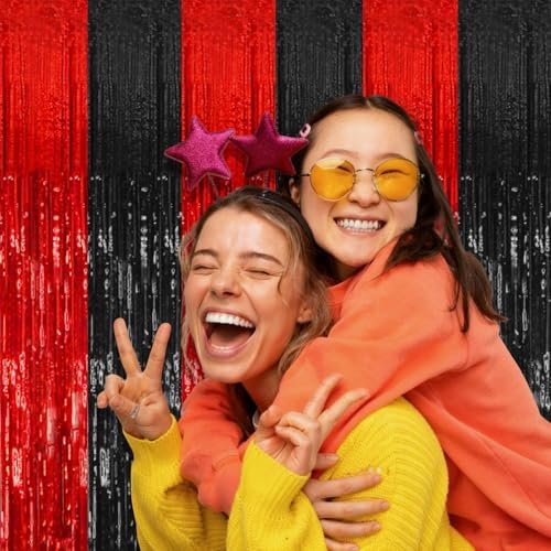2 Pack Black and Red Backdrop Party Decorations Tinsel Curtain Halloween Party Streamer Foil Fringe Birthday, alternate view