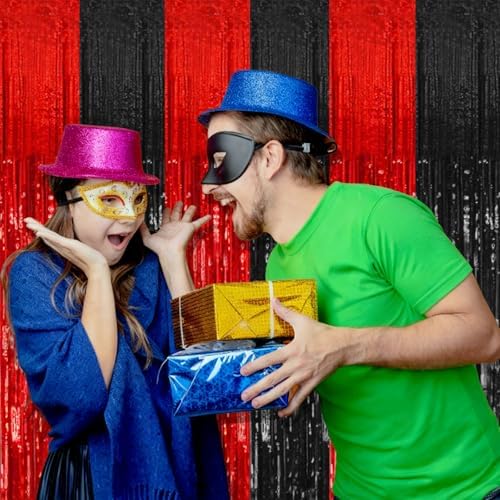 2 Pack Black and Red Backdrop Party Decorations Tinsel Curtain Halloween Party Streamer Foil Fringe Birthday, alternate view