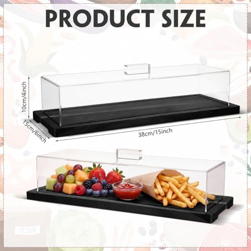2 Pack Black Bamboo Wood Cake Stand Serving Tray with Acrylic Lid, 15 x 6 x 4 Inch Charcuterie Table Display, alternate view