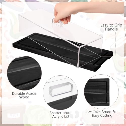 2 Pack Black Bamboo Wood Cake Stand Serving Tray with Acrylic Lid, 15 x 6 x 4 Inch Charcuterie Table Display, alternate view
