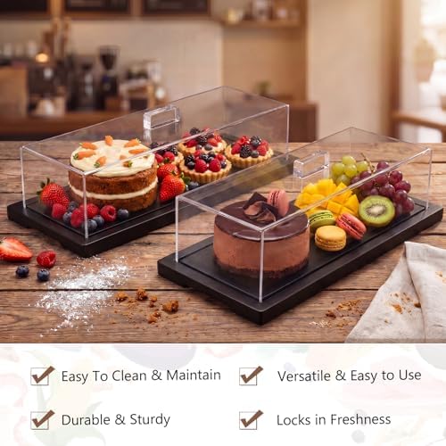 2 Pack Black Bamboo Wood Cake Stand Serving Tray with Acrylic Lid, 15 x 6 x 4 Inch Charcuterie Table Display, alternate view