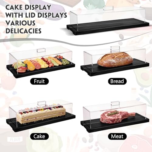 2 Pack Black Bamboo Wood Cake Stand Serving Tray with Acrylic Lid, 15 x 6 x 4 Inch Charcuterie Table Display, alternate view