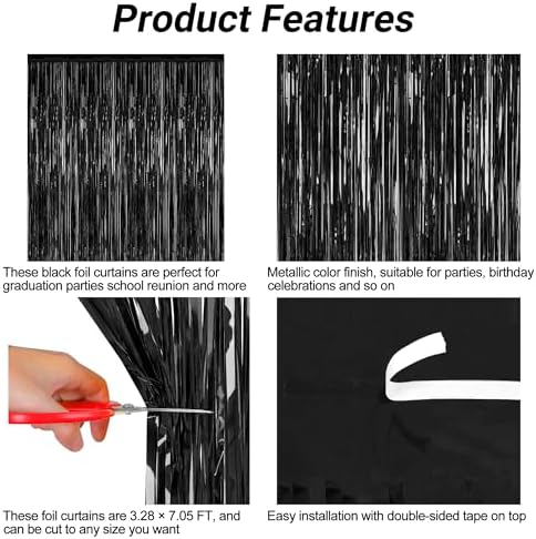 2 Pack Black Foil Curtain Backdrop Birthday Party Decorations, alternate view 4