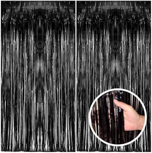 2 Pack Black Party Streamers Backdrop Tinsel Foil Fringe Curtains Halloween Party Decorations Birthday Wednesday