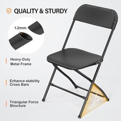 2 Pack Black Plastic Folding Chair, Indoor Outdoor Portable Stackable Commercial Seat with Steel Frame 350lb, alternate view