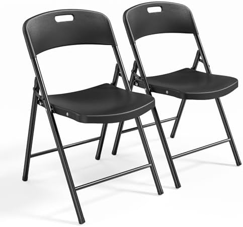 2-Pack Black Plastic Folding Chairs, Portable Seat with Sturdy Steel Frame for Indoor & Outdoor Use, Perfect for