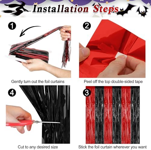2 Pack Black Red Halloween Foil Curtain Streamer Decorations, alternate view 3