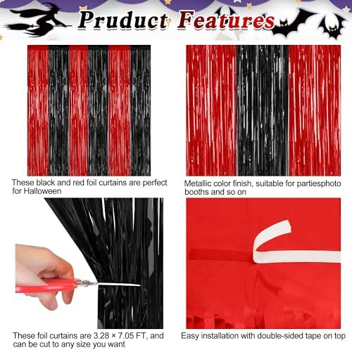 2 Pack Black Red Halloween Foil Curtain Streamer Decorations, alternate view 4