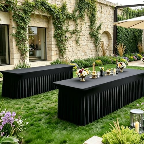 2 Pack Black Spandex Table Covers 8 FT, Elastic Fitted Stretch Table Skirts for Rectangle Tables, Wrinkle