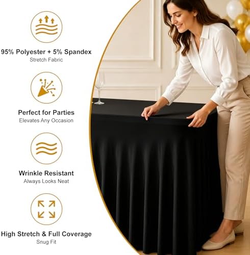 2 Pack Black Spandex Table Covers 8 FT, Elastic Fitted Stretch Table Skirts for Rectangle Tables, Wrinkle, alternate view 4