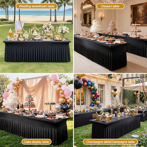2 Pack Black Spandex Table Covers 8 FT, Elastic Fitted Stretch Table Skirts for Rectangle Tables, Wrinkle, alternate view 5