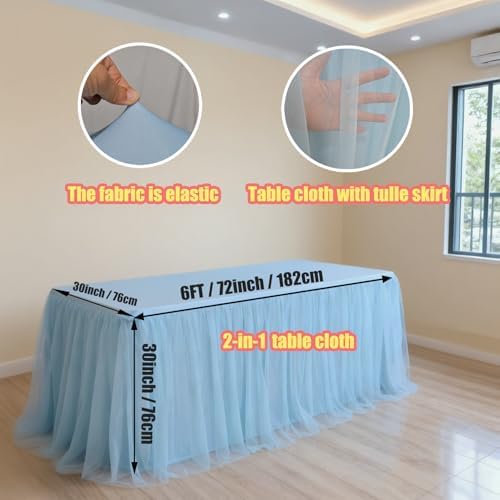 2-Pack Blue 2-in-1 Tulle Tablecloth for 6-Foot Rectangular Table in 72" L x 30" W x 30" H (Rectangular) 2-Pack, alternate