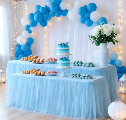 2-Pack Blue 2-in-1 Tulle Tablecloth for 8-Foot Rectangular Table in 96" L x 30" W x 30" H (Rectangular) 2-Pack