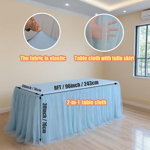 2-Pack Blue 2-in-1 Tulle Tablecloth for 8-Foot Rectangular Table in 96" L x 30" W x 30" H (Rectangular) 2-Pack, alternate