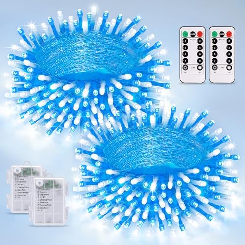 2 Pack Blue and White Battery String Lights, Each 33ft 100 LED