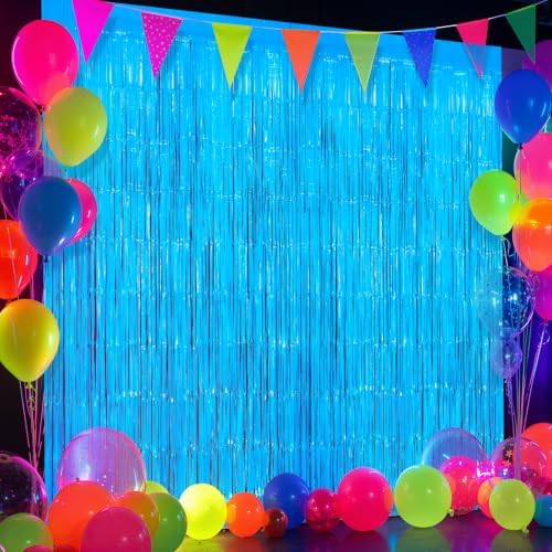 2 Pack Blue Glow Party Fringe Curtain 40 x 80 Inch UV Reactive Neon Foil Backdrop for Blacklight Birthday