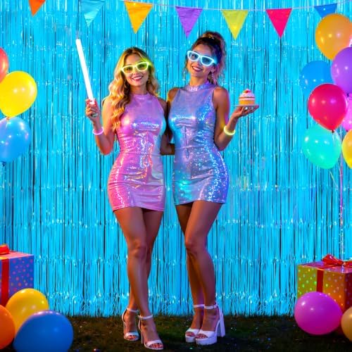 2 Pack Blue Glow Party Fringe Curtain 40 x 80 Inch UV Reactive Neon Foil Backdrop for Blacklight Birthday, alternate view 4