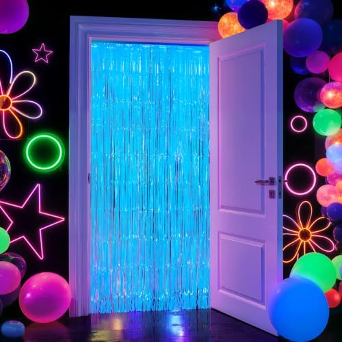2 Pack Blue Glow Party Fringe Curtain 40 x 80 Inch UV Reactive Neon Foil Backdrop for Blacklight Birthday, alternate view 7