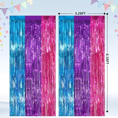 2 Pack Blue Purple Pink Foil Fringe Curtains, Metallic Tinsel Streamers, alternate view 3