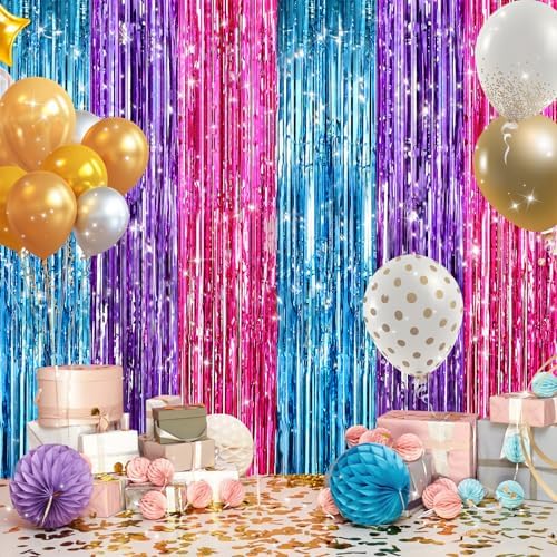 2 Pack Blue Purple Pink Foil Fringe Curtains, Metallic Tinsel Streamers, alternate view 4