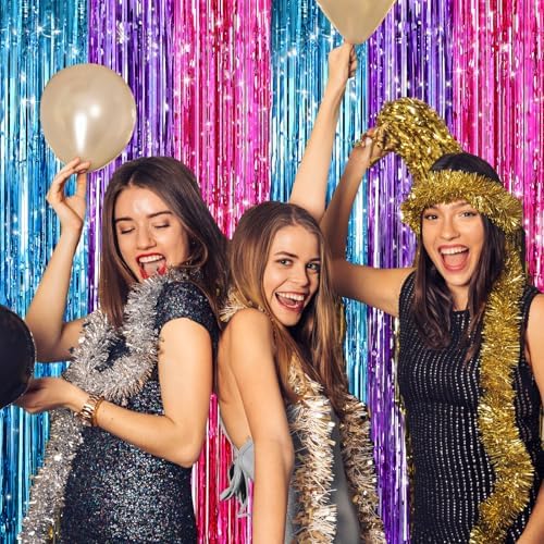 2 Pack Blue Purple Pink Foil Fringe Curtains, Metallic Tinsel Streamers, alternate view 6