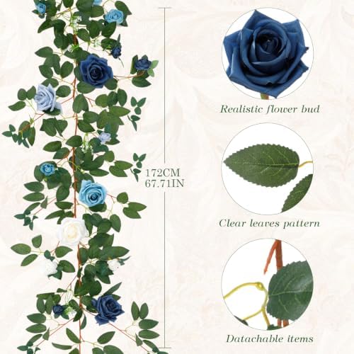 2 Pack Blue White Rose Garland, 11.2 Ft Artificial Flower Vines for Decor in Mix Blue, alternate view 2