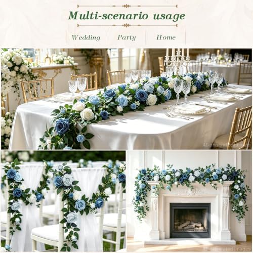 2 Pack Blue White Rose Garland, 11.2 Ft Artificial Flower Vines for Decor in Mix Blue, alternate view 4