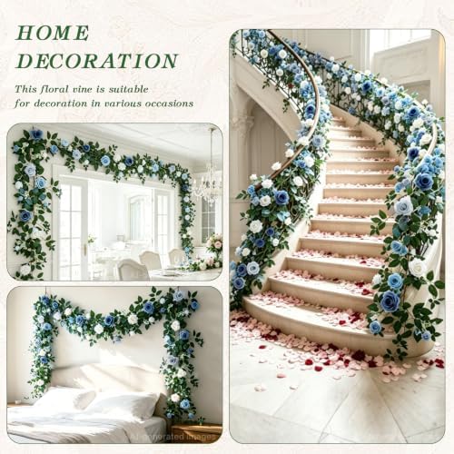2 Pack Blue White Rose Garland, 11.2 Ft Artificial Flower Vines for Decor in Mix Blue, alternate view 6