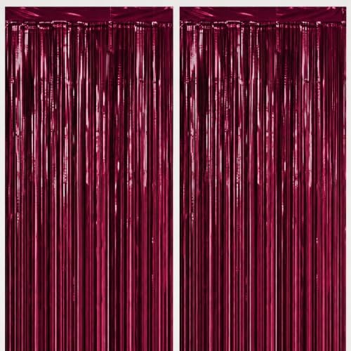 2 Pack Burgundy Tinsel Fringe Curtains, Party Backdrop Decor