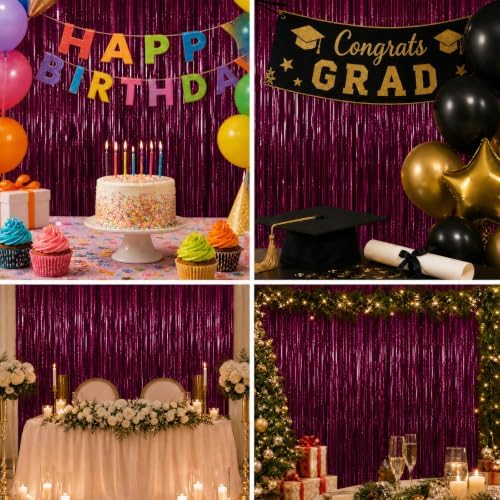 2 Pack Burgundy Tinsel Fringe Curtains, Party Backdrop Decor, alternate view 4