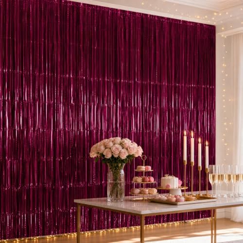 2 Pack Burgundy Tinsel Fringe Curtains, Party Backdrop Decor, alternate view 5