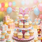 2 Pack Butterfly 3 Tier Cupcake Stand Pink Cardboard Dessert Tower in Butterfly-2PCS, alternate view 2