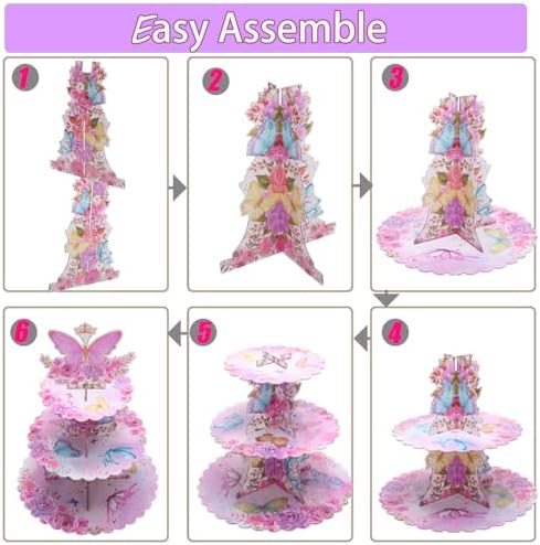 2 Pack Butterfly 3 Tier Cupcake Stand Pink Cardboard Dessert Tower in Butterfly-2PCS, alternate view 3