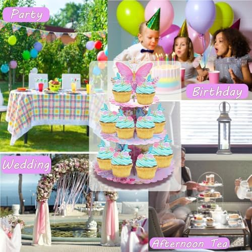 2 Pack Butterfly 3 Tier Cupcake Stand Pink Cardboard Dessert Tower in Butterfly-2PCS, alternate view 5